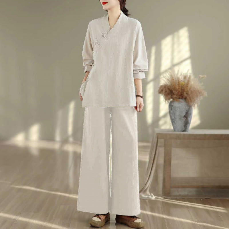 Nimara Ritual 2Pcs V-Neck Long Sleeve Shirt Wide Leg Pants Zen Meditation Women's Set