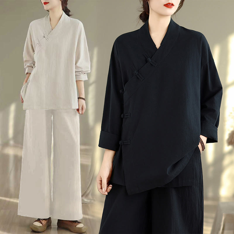 Nimara Ritual 2Pcs V-Neck Long Sleeve Shirt Wide Leg Pants Zen Meditation Women's Set