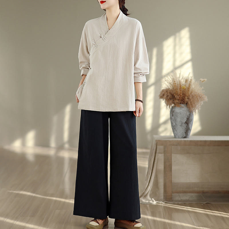 Nimara Ritual 2Pcs V-Neck Long Sleeve Shirt Wide Leg Pants Zen Meditation Women's Set