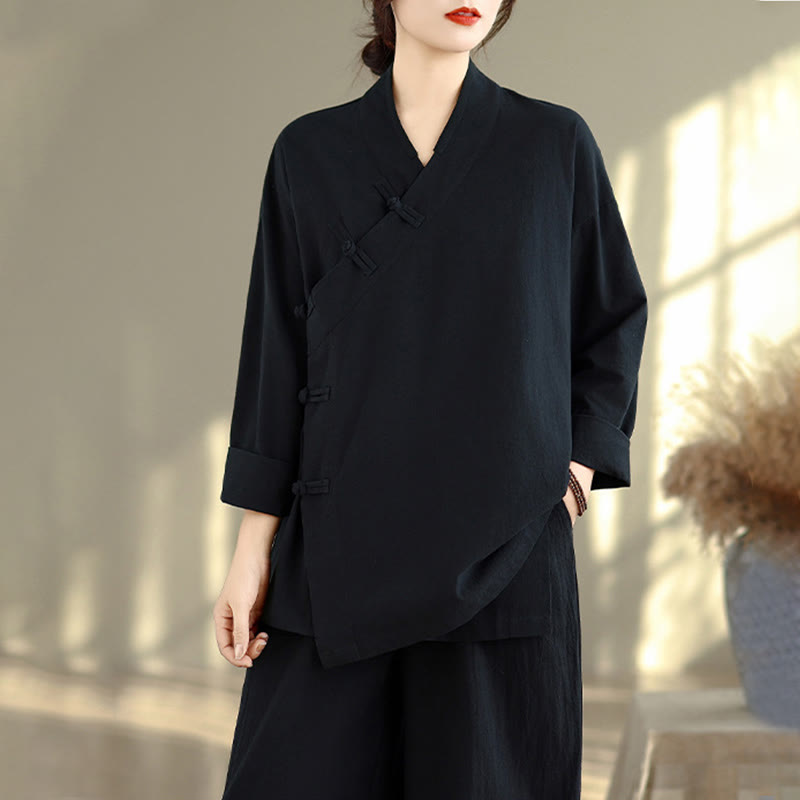 Nimara Ritual 2Pcs V-Neck Long Sleeve Shirt Wide Leg Pants Zen Meditation Women's Set