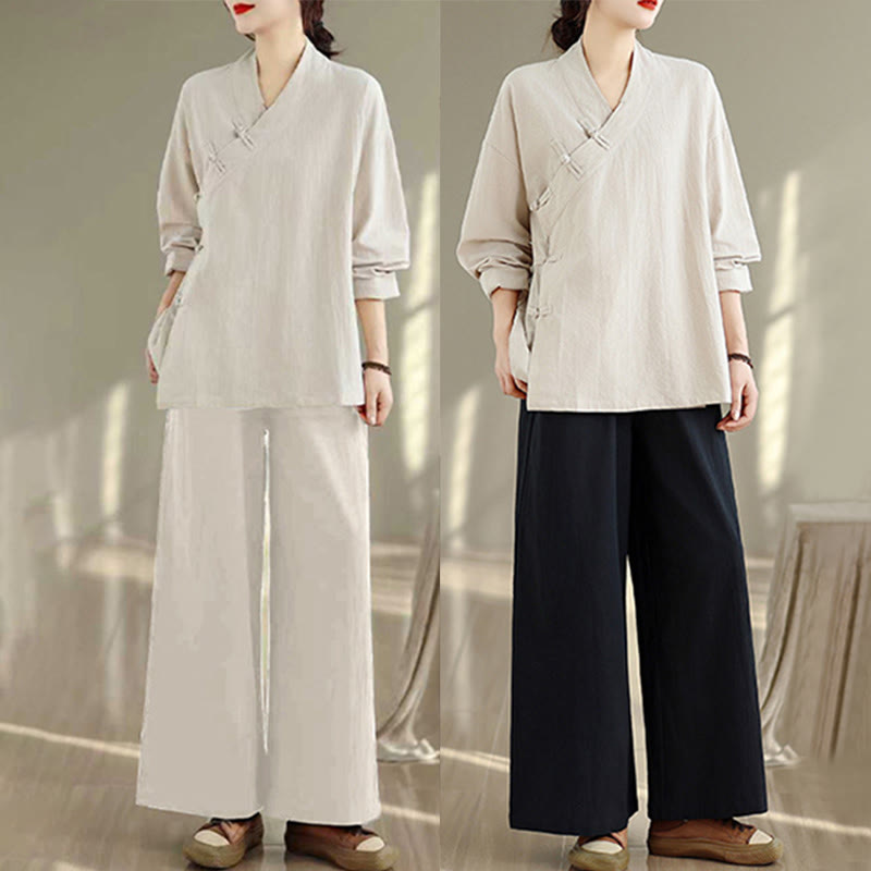 Nimara Ritual 2Pcs V-Neck Long Sleeve Shirt Wide Leg Pants Zen Meditation Women's Set