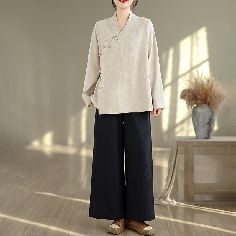 Nimara Ritual 2Pcs V-Neck Long Sleeve Shirt Wide Leg Pants Zen Meditation Women's Set