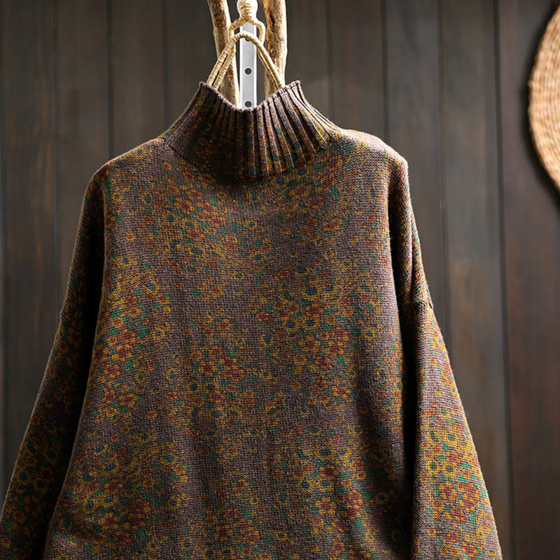 Nimara Ritual Women's Knitted Floral Cotton Ribbed Hem Long Sleeve Mock Neck Sweater
