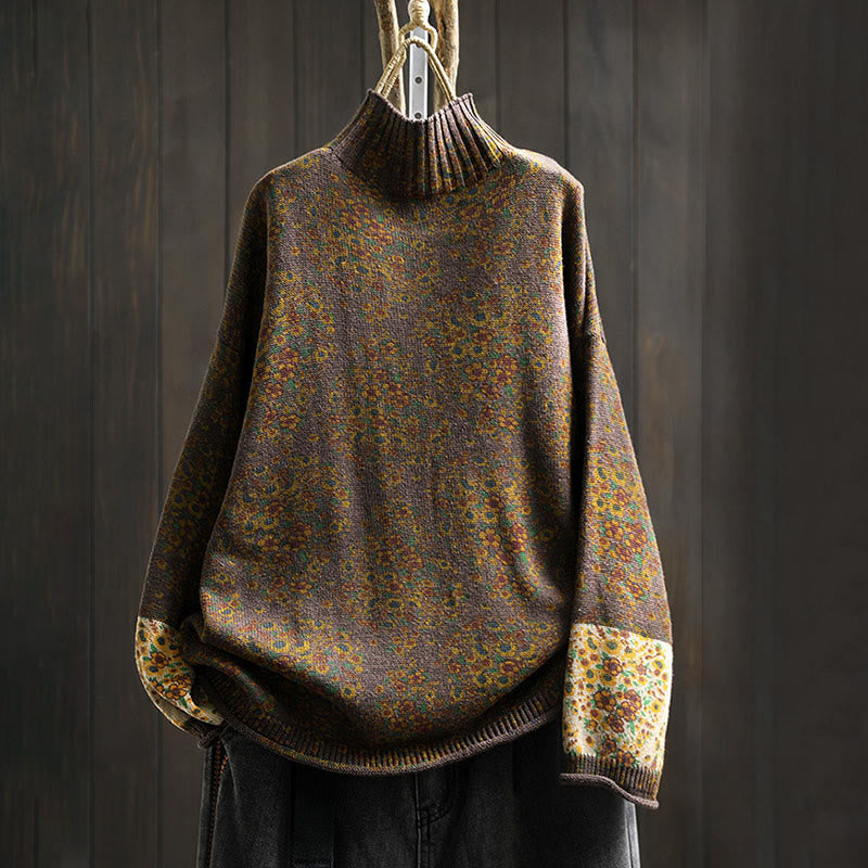 Nimara Ritual Women's Knitted Floral Cotton Ribbed Hem Long Sleeve Mock Neck Sweater