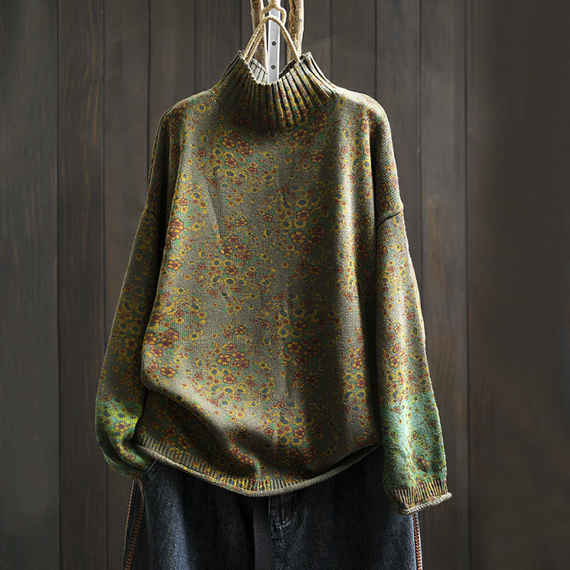 Nimara Ritual Women's Knitted Floral Cotton Ribbed Hem Long Sleeve Mock Neck Sweater