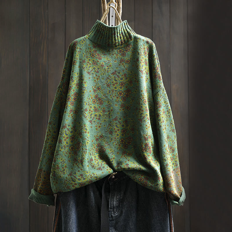 Nimara Ritual Women's Knitted Floral Cotton Ribbed Hem Long Sleeve Mock Neck Sweater