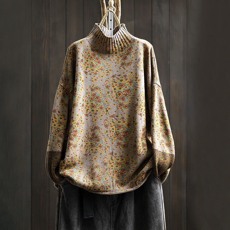 Nimara Ritual Women's Knitted Floral Cotton Ribbed Hem Long Sleeve Mock Neck Sweater