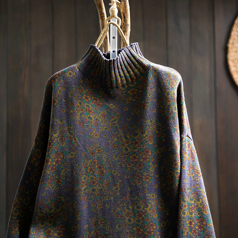 Nimara Ritual Women's Knitted Floral Cotton Ribbed Hem Long Sleeve Mock Neck Sweater