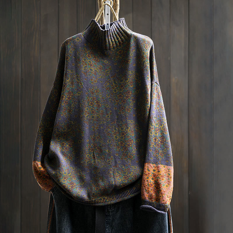 Nimara Ritual Women's Knitted Floral Cotton Ribbed Hem Long Sleeve Mock Neck Sweater