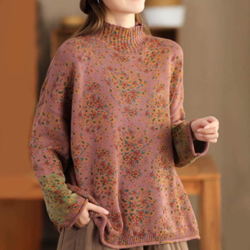Nimara Ritual Fall Printing Floral Long Sleeve Mock Neck Women's Knitted Sweater