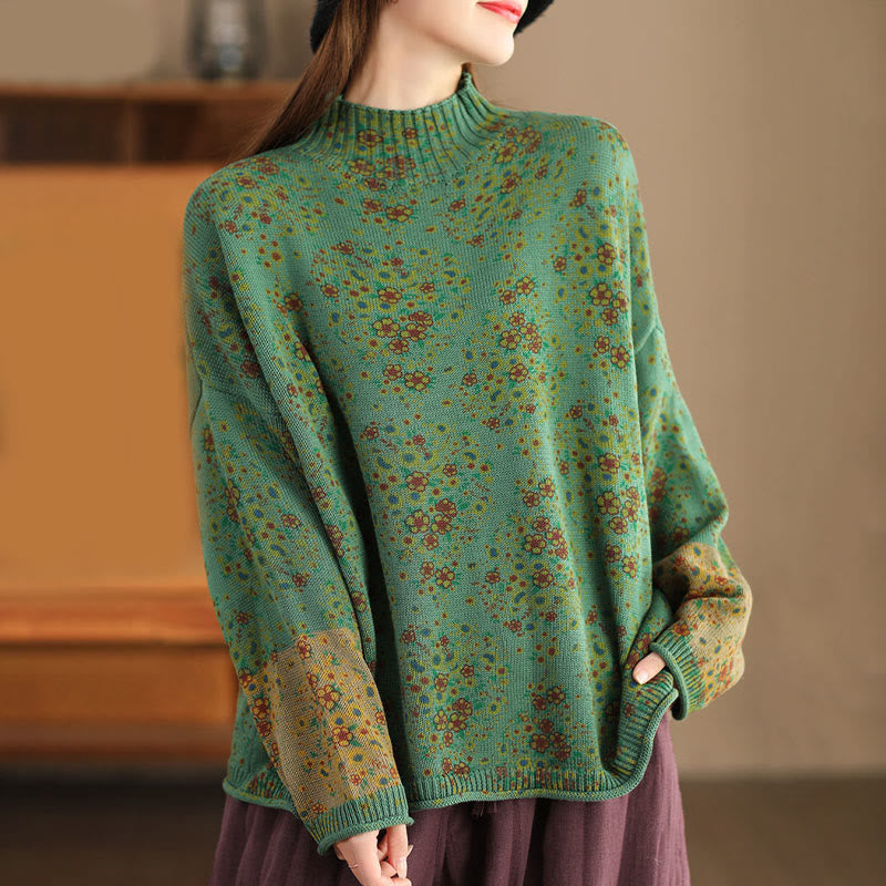 Nimara Ritual Fall Printing Floral Long Sleeve Mock Neck Women's Knitted Sweater