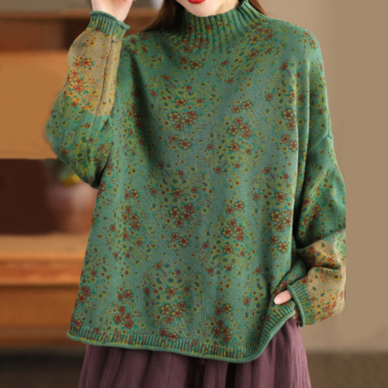 Nimara Ritual Fall Printing Floral Long Sleeve Mock Neck Women's Knitted Sweater
