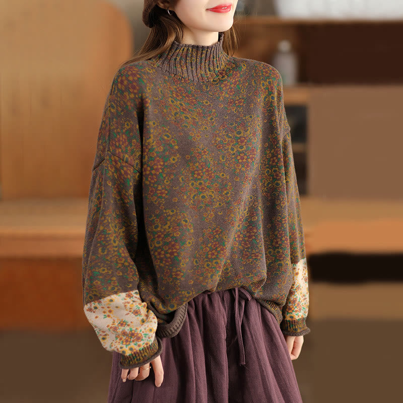 Nimara Ritual Fall Printing Floral Long Sleeve Mock Neck Women's Knitted Sweater