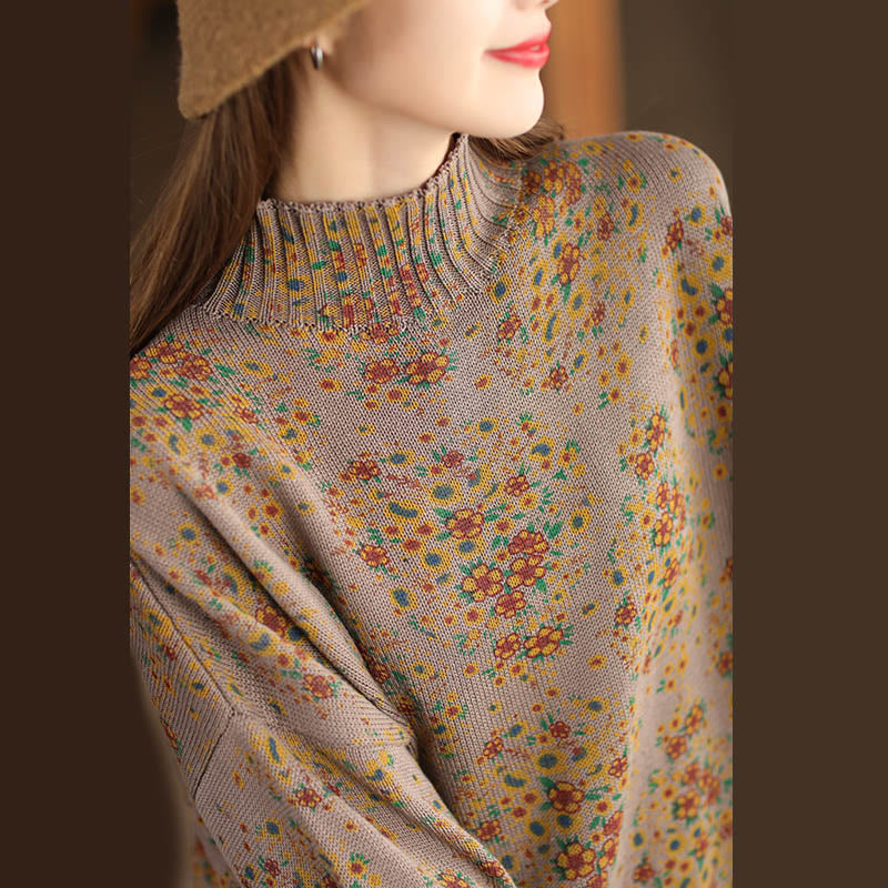 Nimara Ritual Fall Printing Floral Long Sleeve Mock Neck Women's Knitted Sweater