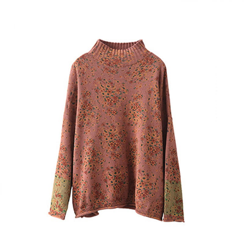 Nimara Ritual Fall Printing Floral Long Sleeve Mock Neck Women's Knitted Sweater