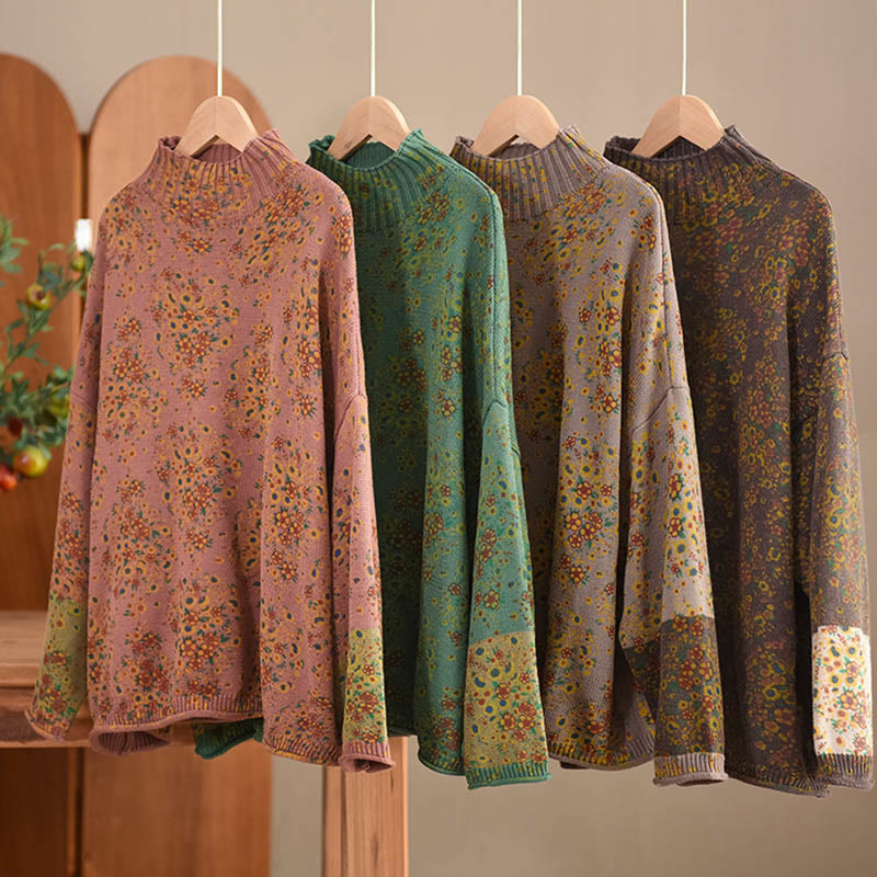 Nimara Ritual Fall Printing Floral Long Sleeve Mock Neck Women's Knitted Sweater