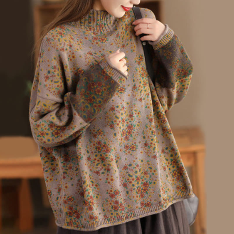 Nimara Ritual Fall Printing Floral Long Sleeve Mock Neck Women's Knitted Sweater