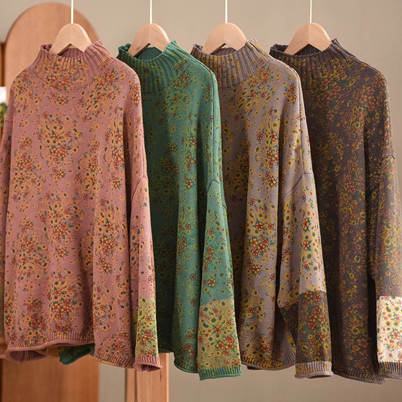 Nimara Ritual Fall Printing Floral Long Sleeve Mock Neck Women's Knitted Sweater