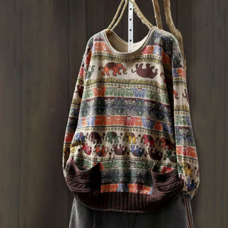Nimara Ritual Fall Elephant Pattern Knitted Cotton Women's Long Sleeve Sweater With Pockets