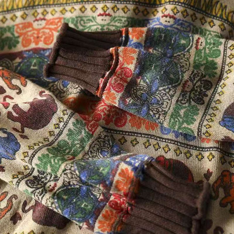 Nimara Ritual Fall Elephant Pattern Knitted Cotton Women's Long Sleeve Sweater With Pockets