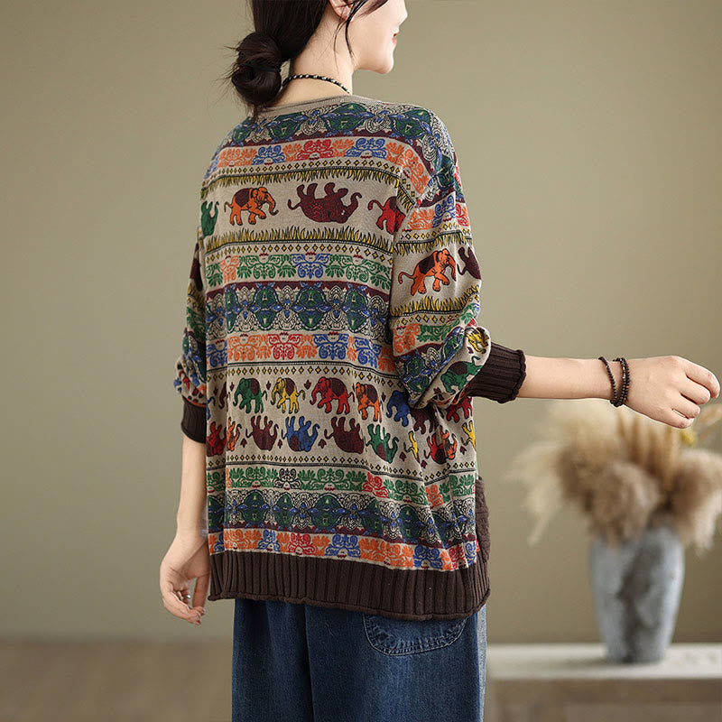 Nimara Ritual Fall Elephant Pattern Knitted Cotton Women's Long Sleeve Sweater With Pockets