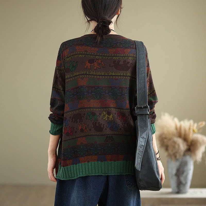 Nimara Ritual Fall Elephant Pattern Knitted Cotton Women's Long Sleeve Sweater With Pockets