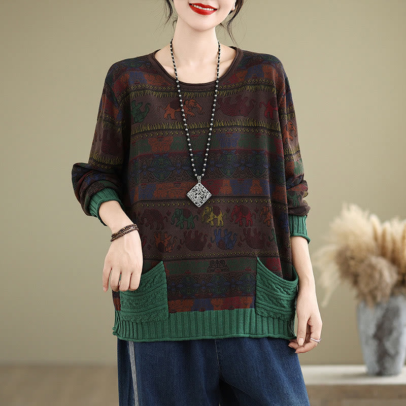 Nimara Ritual Fall Elephant Pattern Knitted Cotton Women's Long Sleeve Sweater With Pockets