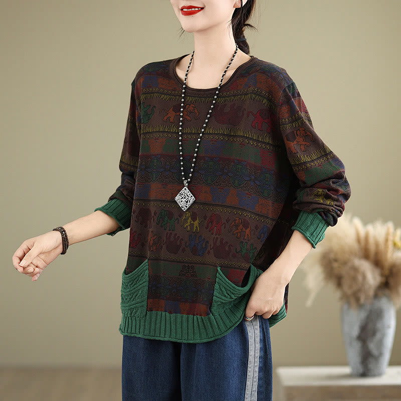 Nimara Ritual Fall Elephant Pattern Knitted Cotton Women's Long Sleeve Sweater With Pockets
