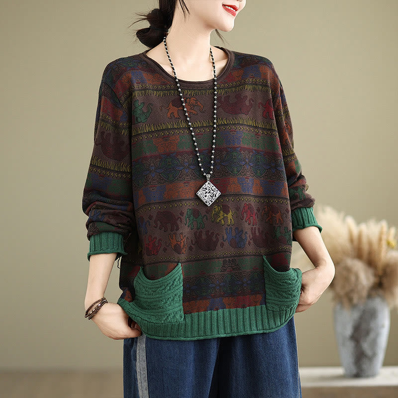 Nimara Ritual Fall Elephant Pattern Knitted Cotton Women's Long Sleeve Sweater With Pockets