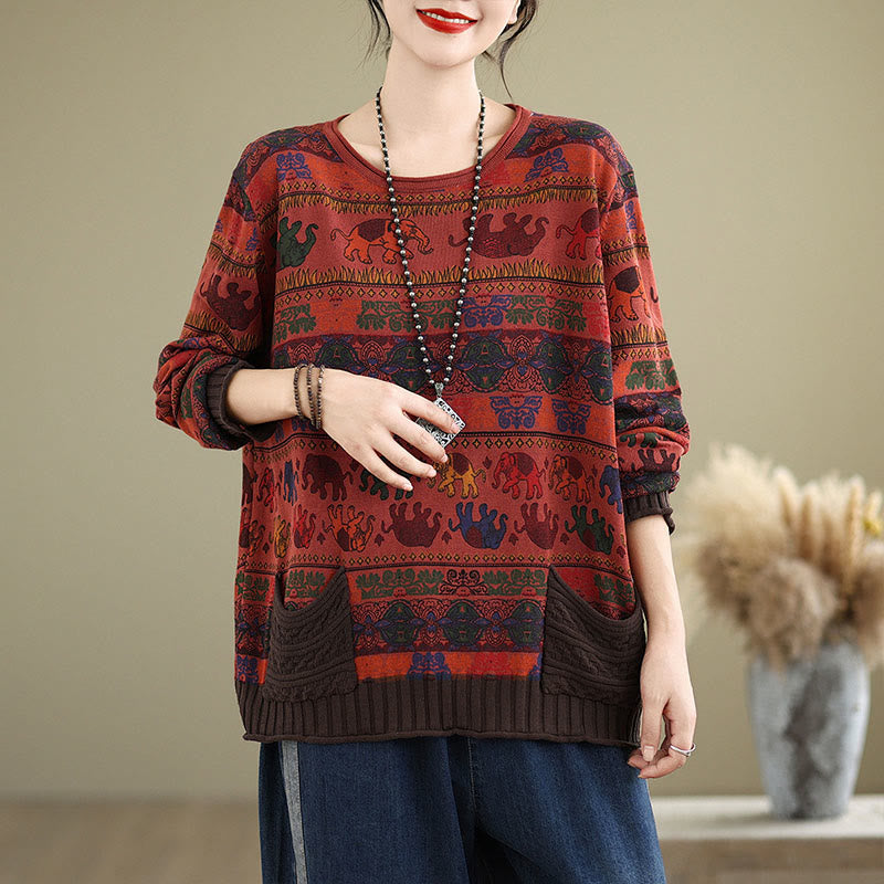 Nimara Ritual Fall Elephant Pattern Knitted Cotton Women's Long Sleeve Sweater With Pockets