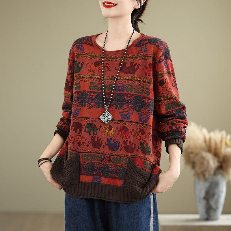 Nimara Ritual Fall Elephant Pattern Knitted Cotton Women's Long Sleeve Sweater With Pockets