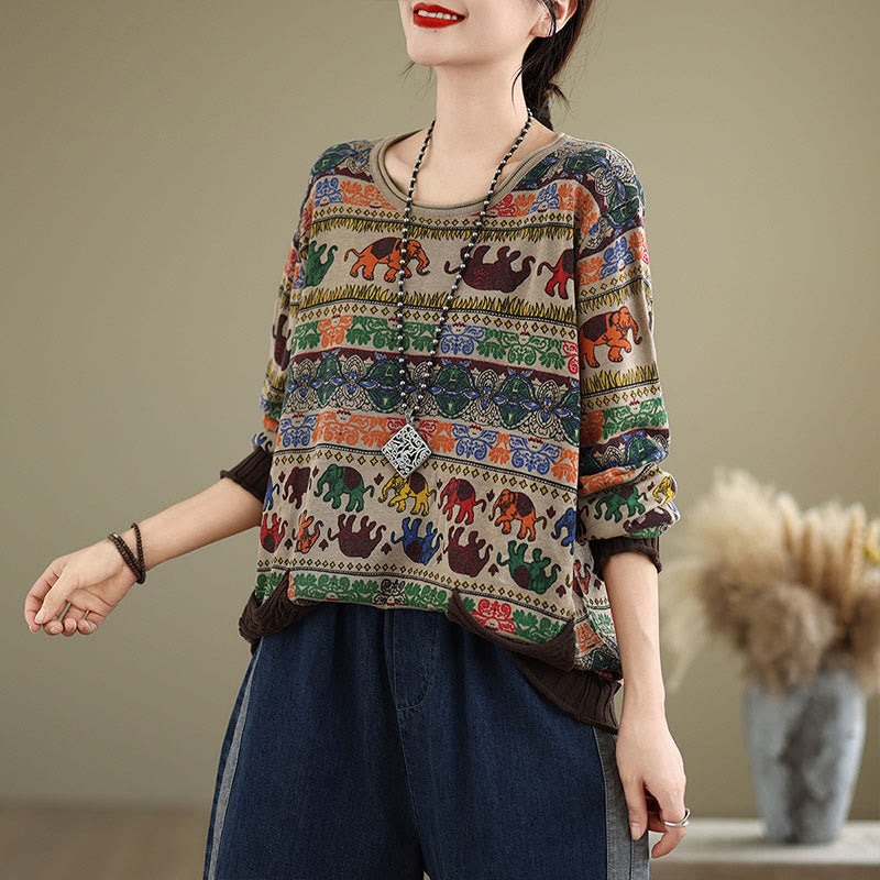 Nimara Ritual Fall Elephant Pattern Knitted Cotton Women's Long Sleeve Sweater With Pockets