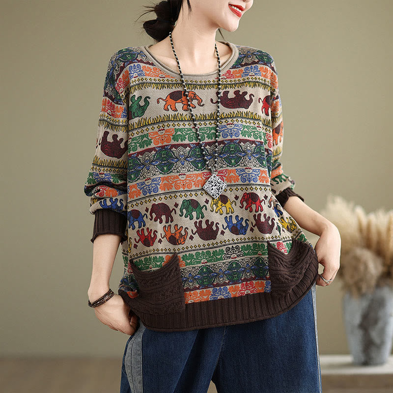 Nimara Ritual Fall Elephant Pattern Knitted Cotton Women's Long Sleeve Sweater With Pockets