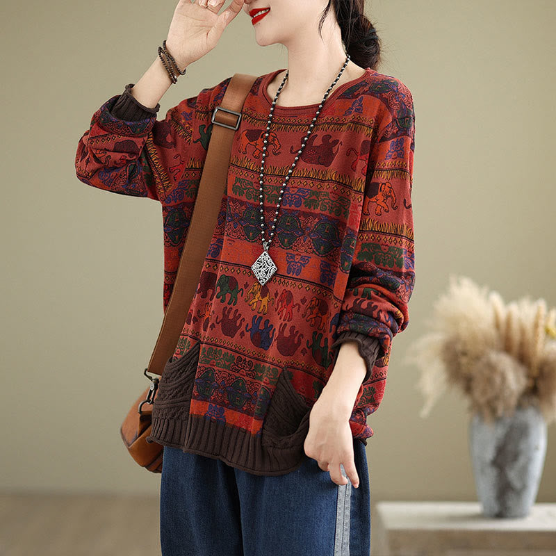 Nimara Ritual Fall Elephant Pattern Knitted Cotton Women's Long Sleeve Sweater With Pockets