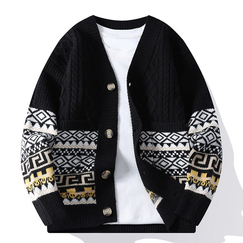 Nimara Ritual Jacquard Ethnic Long Sleeve Men's Knitted Sweater With Pockets