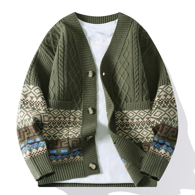Nimara Ritual Jacquard Ethnic Long Sleeve Men's Knitted Sweater With Pockets