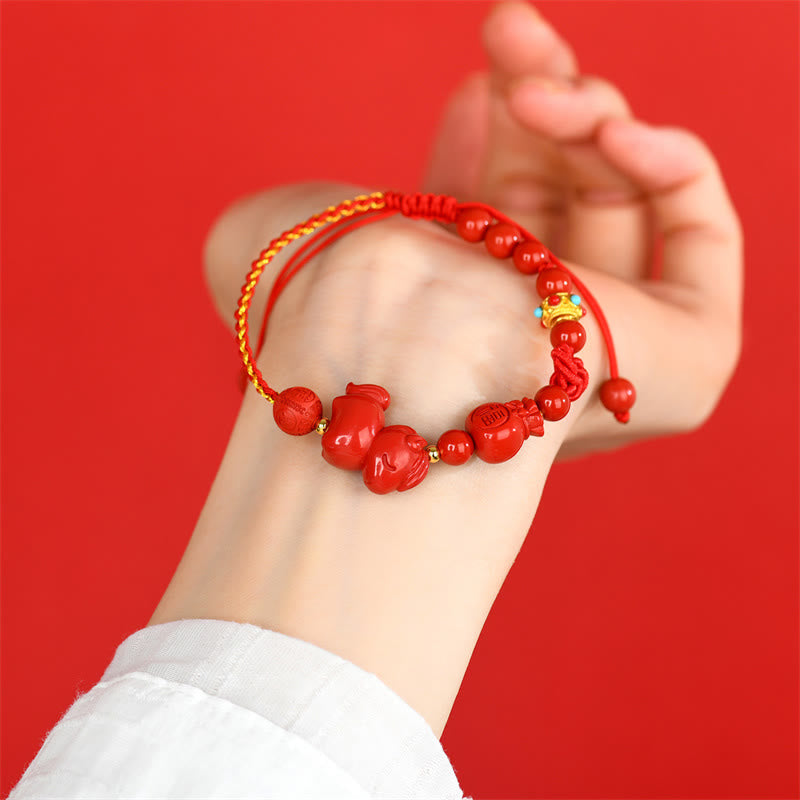 Nimara Ritual Year of the Horse Natural Cinnabar Fu Character Lucky Bag Blessing Bracelet