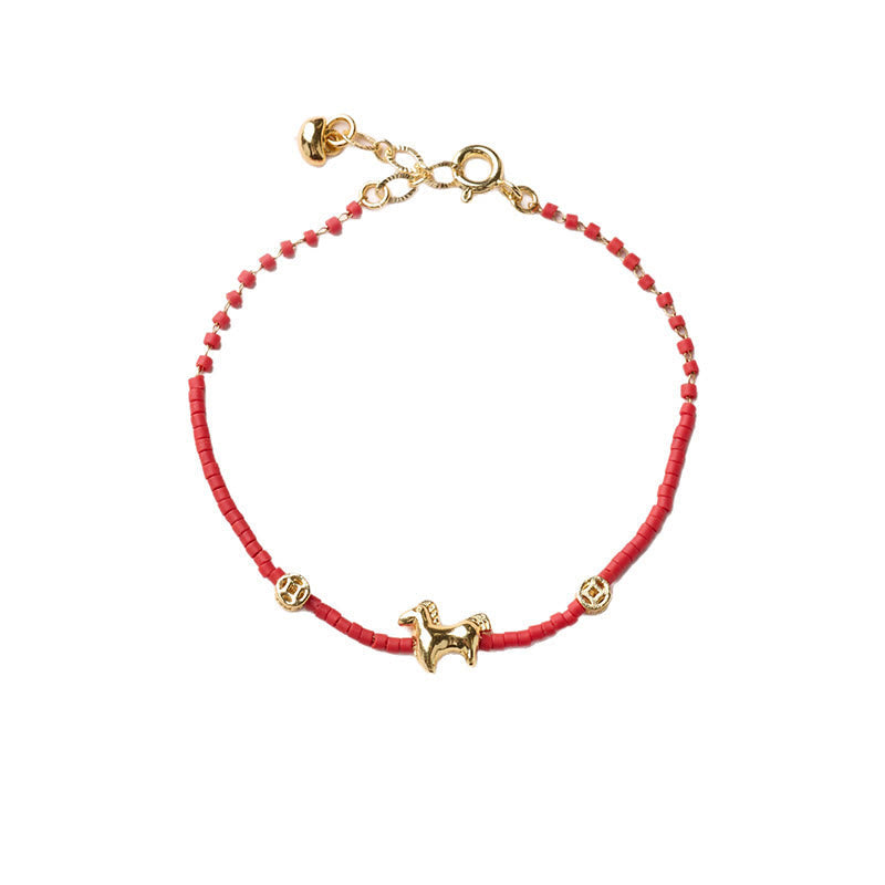 Nimara Ritual 925 Sterling Silver Plated Gold Year of the Horse Red Liuli Glass Prosperity Bracelet