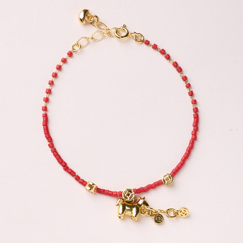 Nimara Ritual 925 Sterling Silver Plated Gold Year of the Horse Red Liuli Glass Prosperity Bracelet