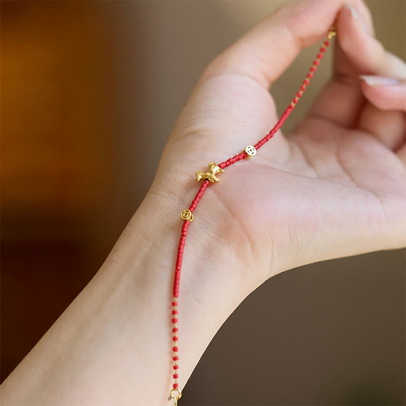 Nimara Ritual 925 Sterling Silver Plated Gold Year of the Horse Red Liuli Glass Prosperity Bracelet