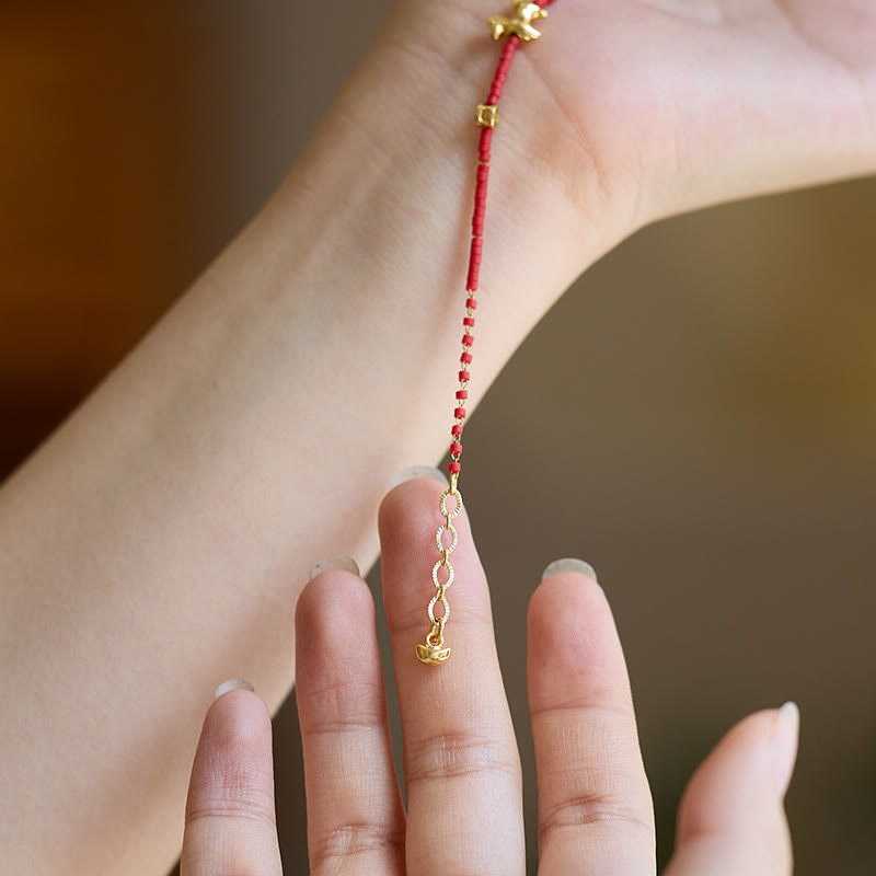 Nimara Ritual 925 Sterling Silver Plated Gold Year of the Horse Red Liuli Glass Prosperity Bracelet