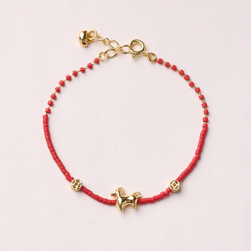 Nimara Ritual 925 Sterling Silver Plated Gold Year of the Horse Red Liuli Glass Prosperity Bracelet