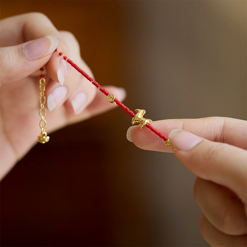 Nimara Ritual 925 Sterling Silver Plated Gold Year of the Horse Red Liuli Glass Prosperity Bracelet