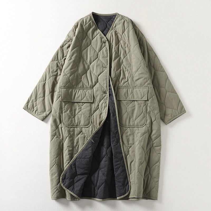 Nimara Ritual Plain Buttons V-Neck Long Sleeve Women's Cotton Coat With Pockets