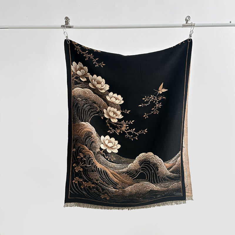 Nimara Ritual Fall Lotus Flowers Ocean Waves Pattern Soft Scarf Tassel Shawl