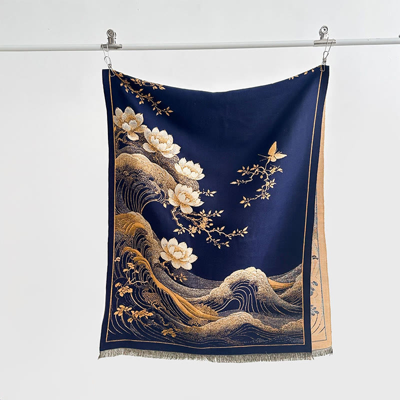 Nimara Ritual Fall Lotus Flowers Ocean Waves Pattern Soft Scarf Tassel Shawl