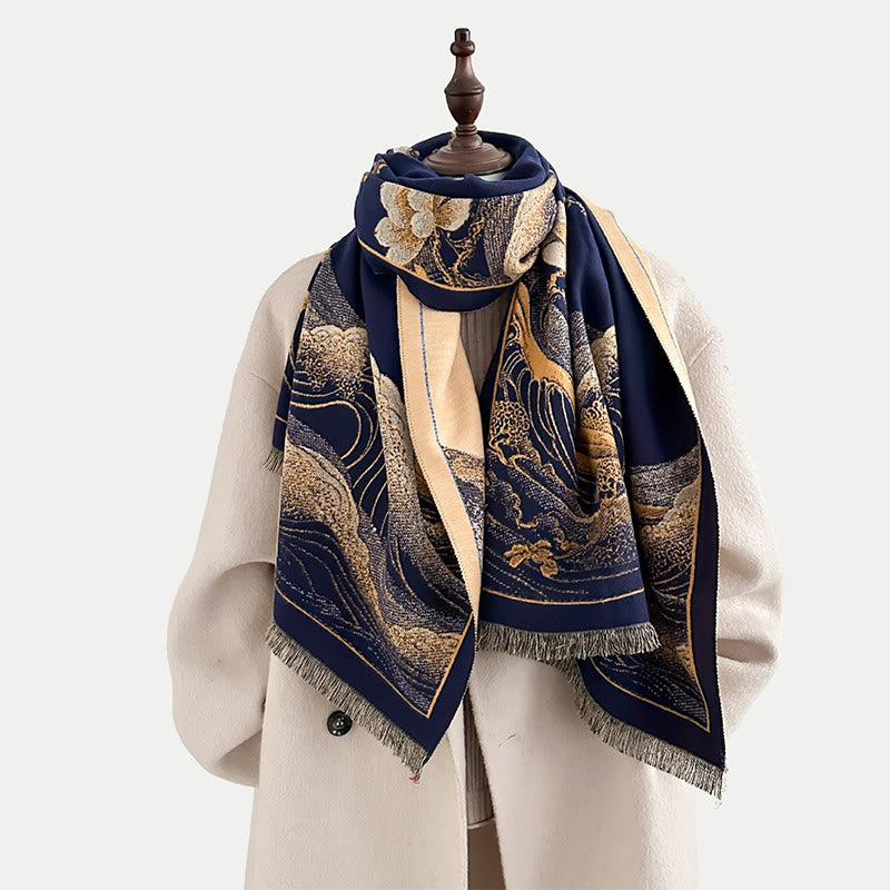 Nimara Ritual Fall Lotus Flowers Ocean Waves Pattern Soft Scarf Tassel Shawl