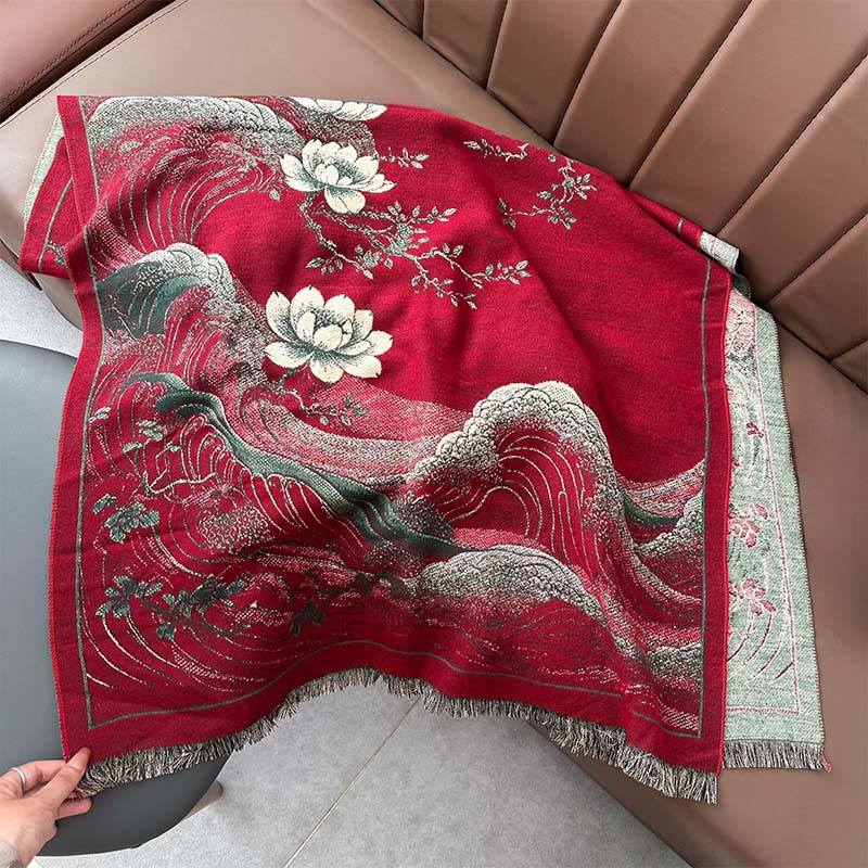 Nimara Ritual Fall Lotus Flowers Ocean Waves Pattern Soft Scarf Tassel Shawl