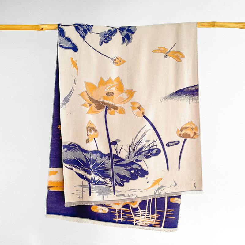 Nimara Ritual Fall Lotus Koi Fish Dragonfly Pattern Cozy Scarf Shawl