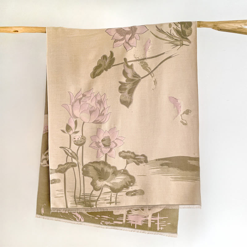 Nimara Ritual Fall Lotus Koi Fish Dragonfly Pattern Cozy Scarf Shawl